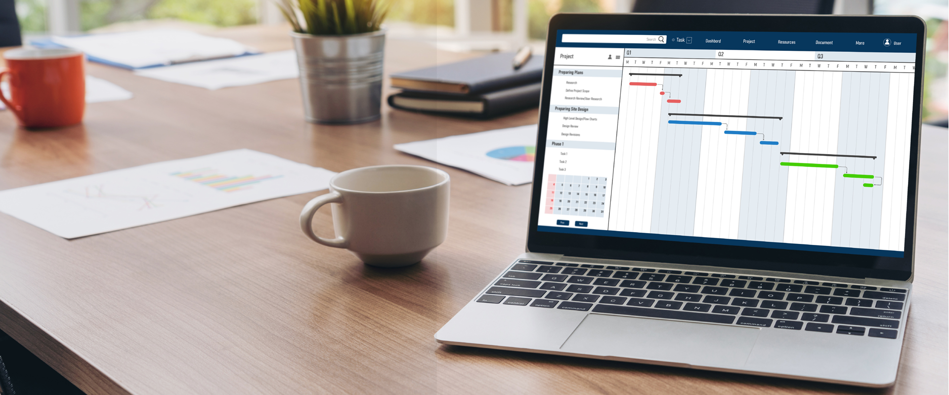 Project management software displayed on a laptop, featuring a Gantt chart with task timelines and progress indicators.1621243260e1af0c20-0